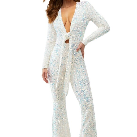 Show Me Your Mumu MARTINA SEQUIN JUMPSUIT IRIDESCENT WHITE SEQUIN XS SIZE